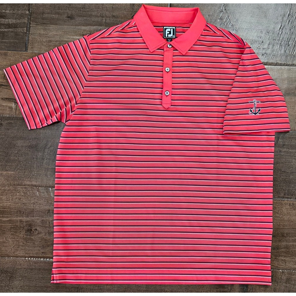 FootJoy Mens Athletic Fit Golf Polo Shirt Red Navy Blue Striped Anchor XL 28153‎